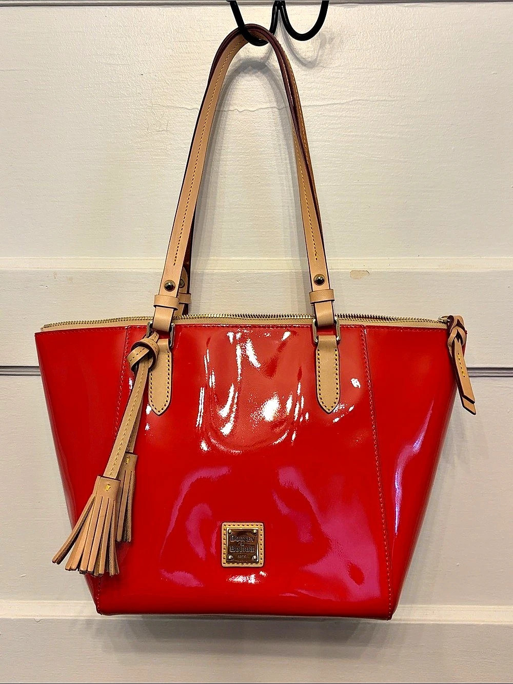Dooney & Bourke Patent Leather East/West Shopper Tote Red & Brown